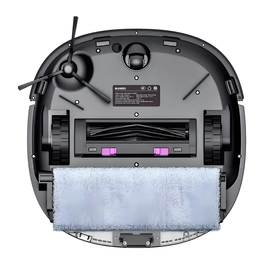 Eureka Robot Aspirador J20 Negro, vista frontal: robot en base de carga con dispensador y app de mapeo en smartphone - Ítem4