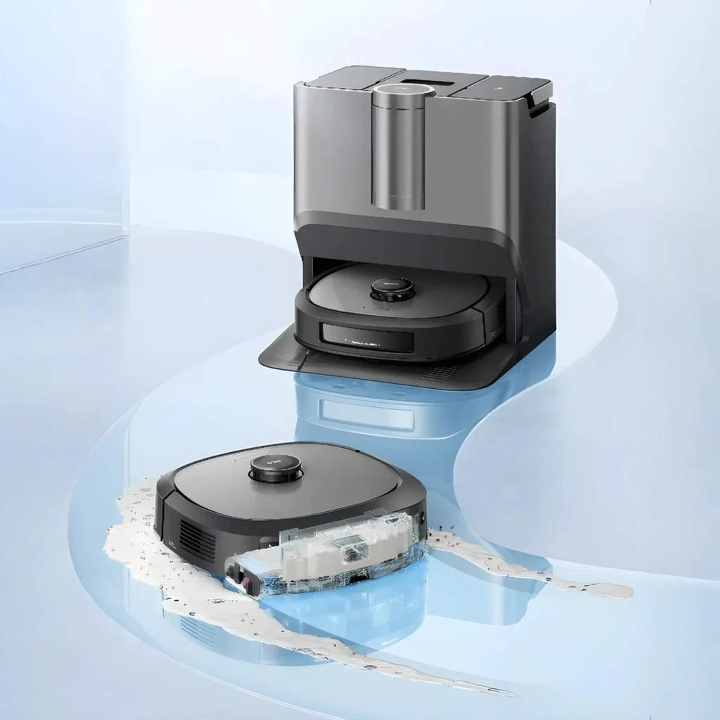 Eureka Robot Aspirador J20 Negro, vista frontal: robot en base de carga con dispensador y app de mapeo en smartphone - Ítem5