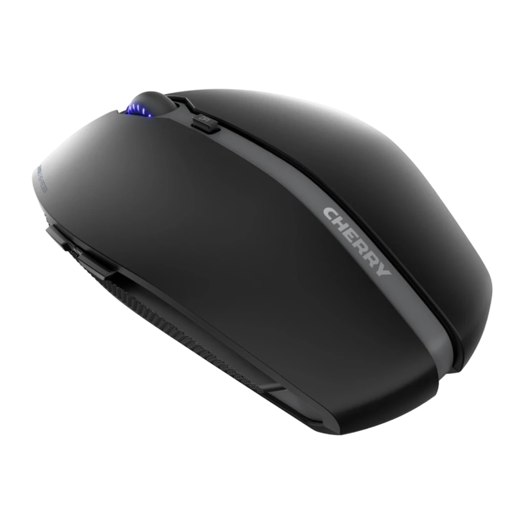 Cherry Rato Gentix BT Bluetooth preto, vista superior: roda com LED azul, botão DPI e logótipo CHERRY - Item1