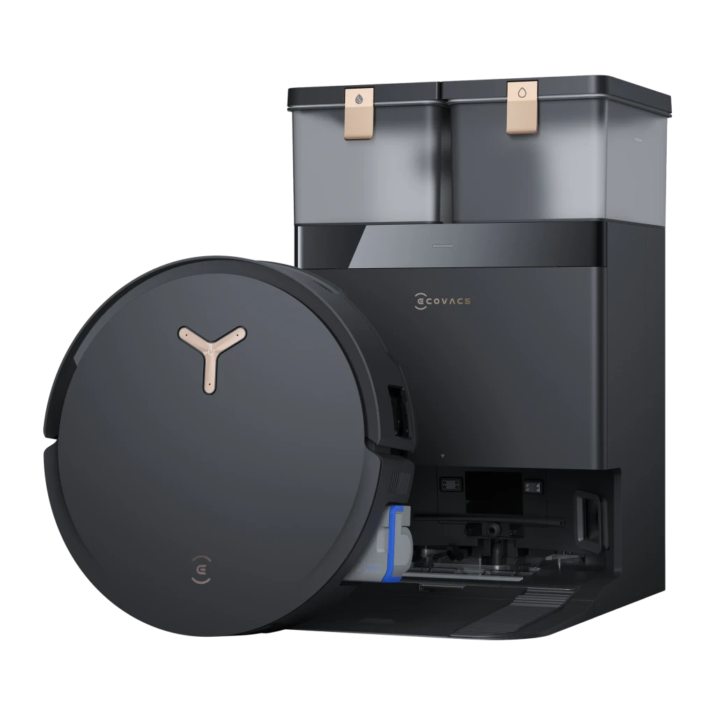Ecovacs Deebot X8 Pro Omni negro, vista frontal: robot acoplado en base Omni con depósitos dobles y logo Ecovacs - Ítem1