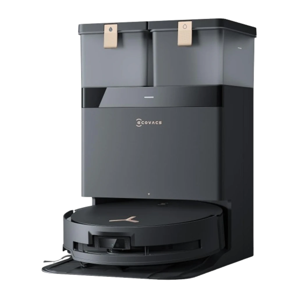 Ecovacs Deebot X8 Pro Omni negro, vista frontal: robot acoplado en base Omni con depósitos dobles y logo Ecovacs - Ítem3