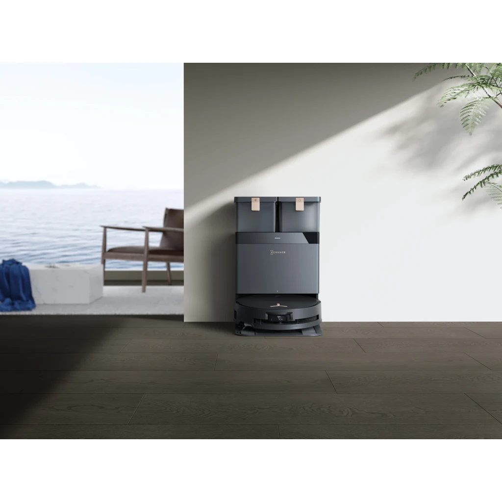 Ecovacs Deebot X8 Pro Omni negro, vista frontal: robot acoplado en base Omni con depósitos dobles y logo Ecovacs - Ítem4