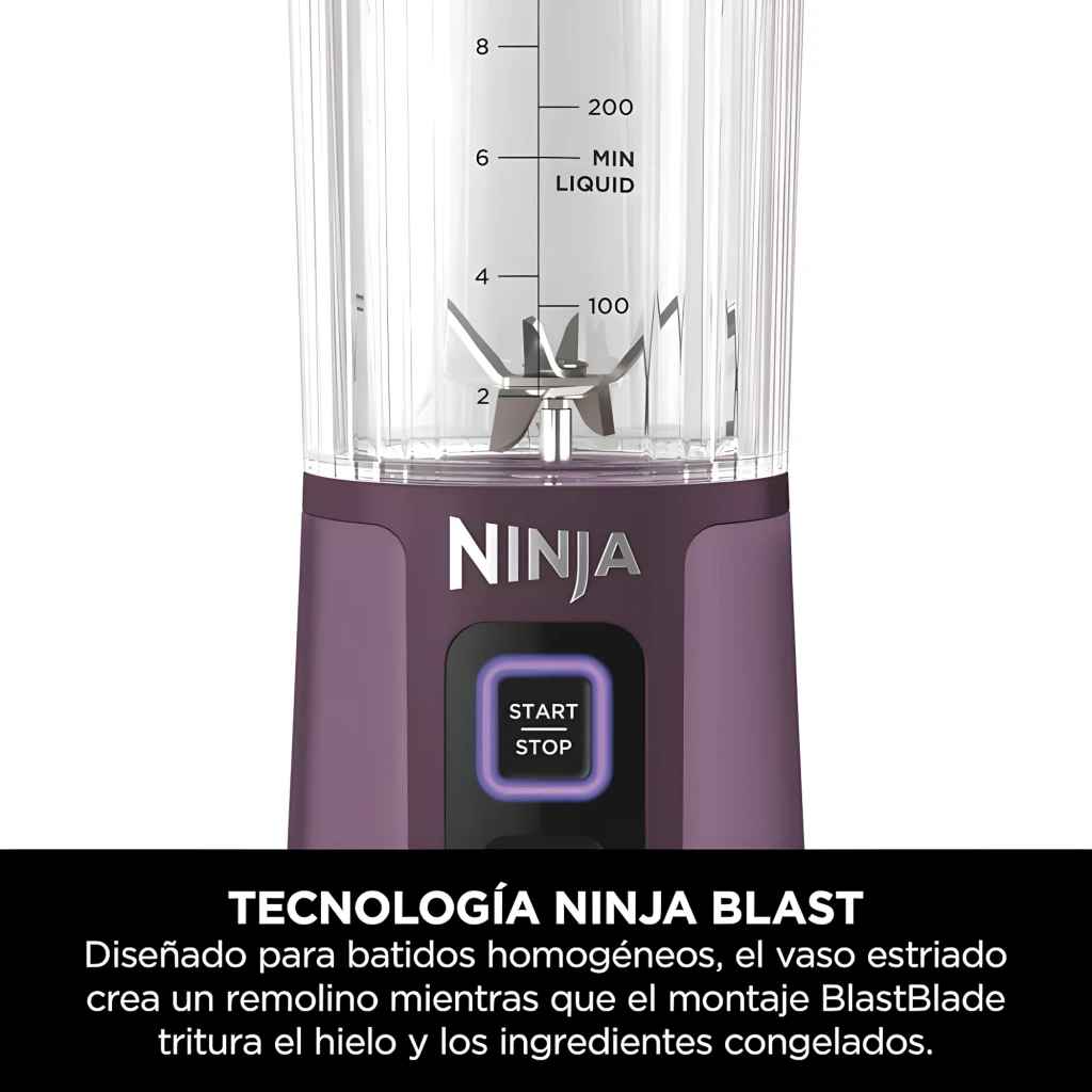Ninja Blast BC151EU 530ml violet, vue de face: bol transparent avec mangue et glaçons, base avec boutons Start/Stop - Ítem2