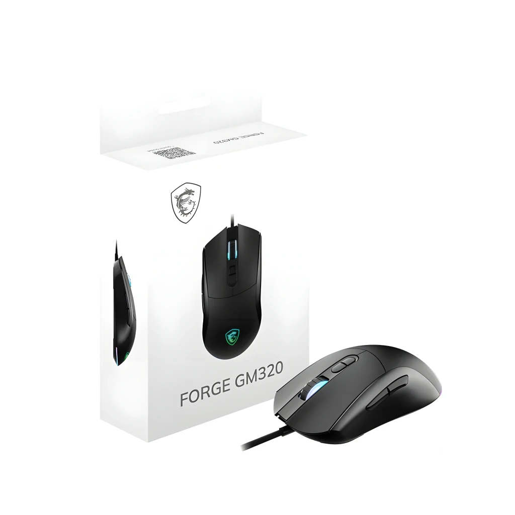 MSI Rato Forge GM320 Gaming Preto USB, vista superior: iluminação RGB azul no scroll e logótipo dragão verde iluminado - Item4