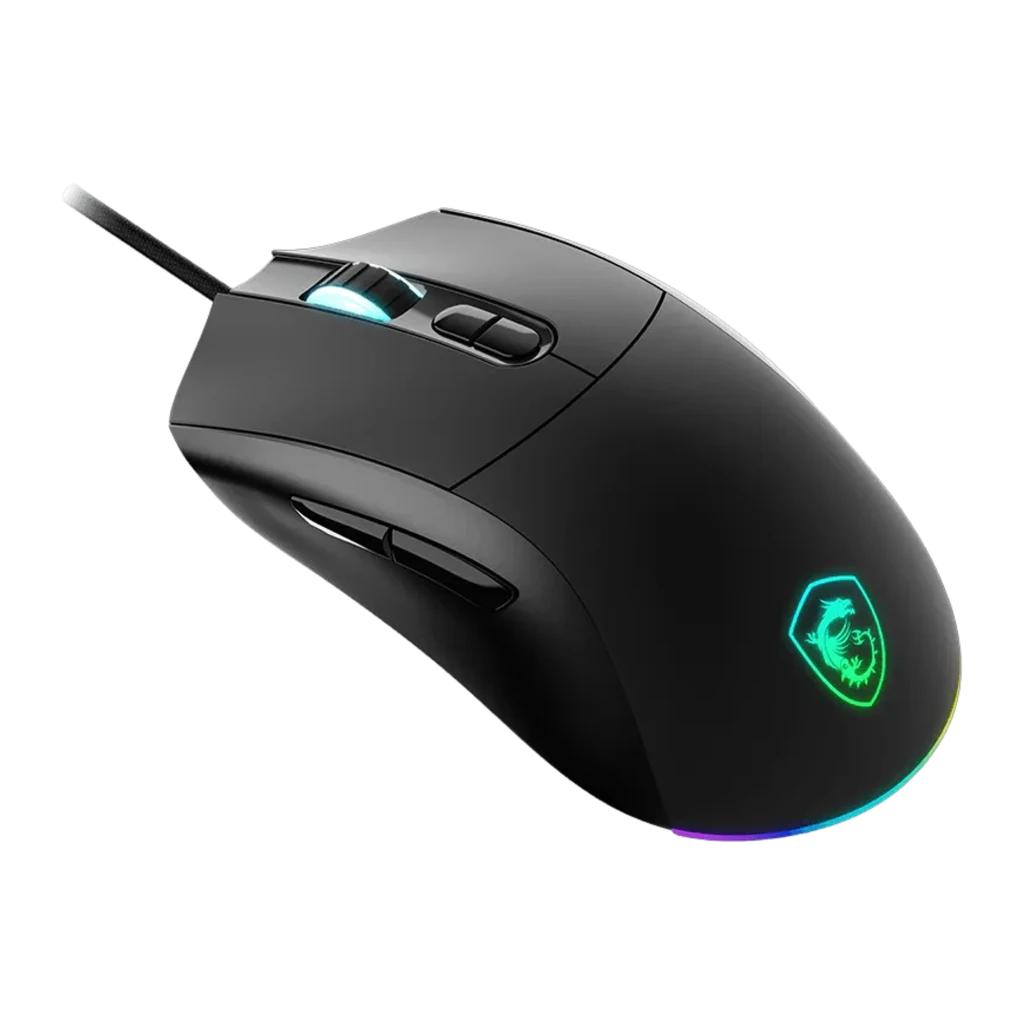 MSI Rato Forge GM320 Gaming Preto USB, vista superior: iluminação RGB azul no scroll e logótipo dragão verde iluminado - Item1