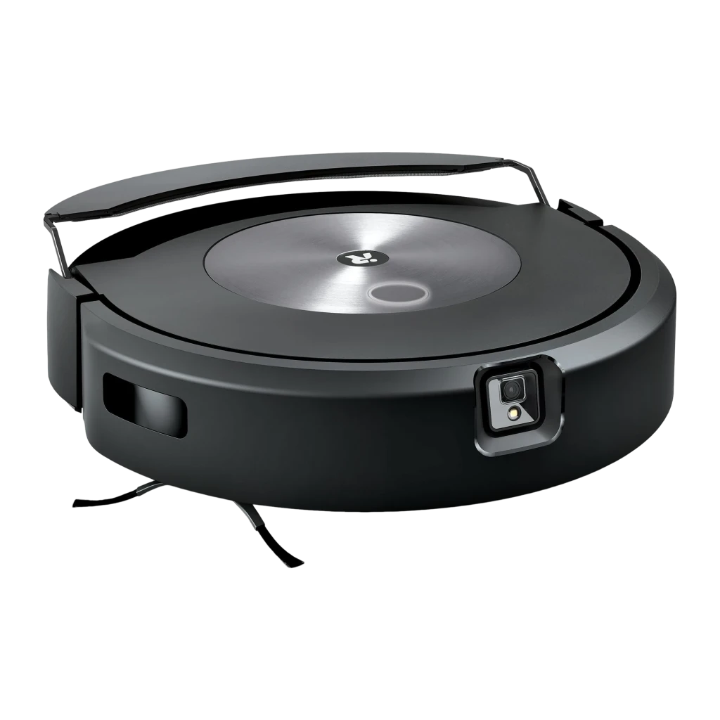 iRobot Roomba Combo J7 grafito, vista superior: tapa de acero inoxidable cepillado con logo iR central y botón - Ítem1