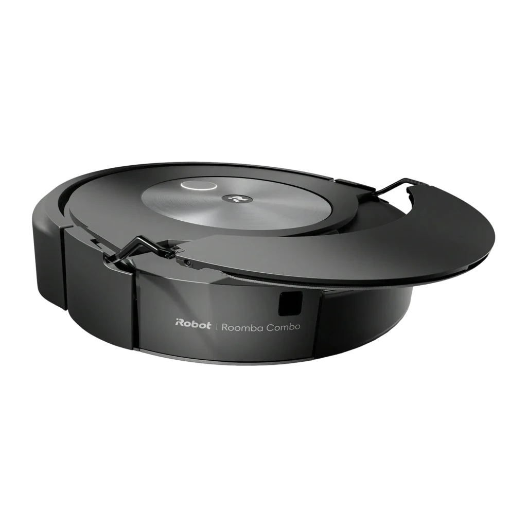 iRobot Roomba Combo J7 grafito, vista superior: tapa de acero inoxidable cepillado con logo iR central y botón - Ítem2