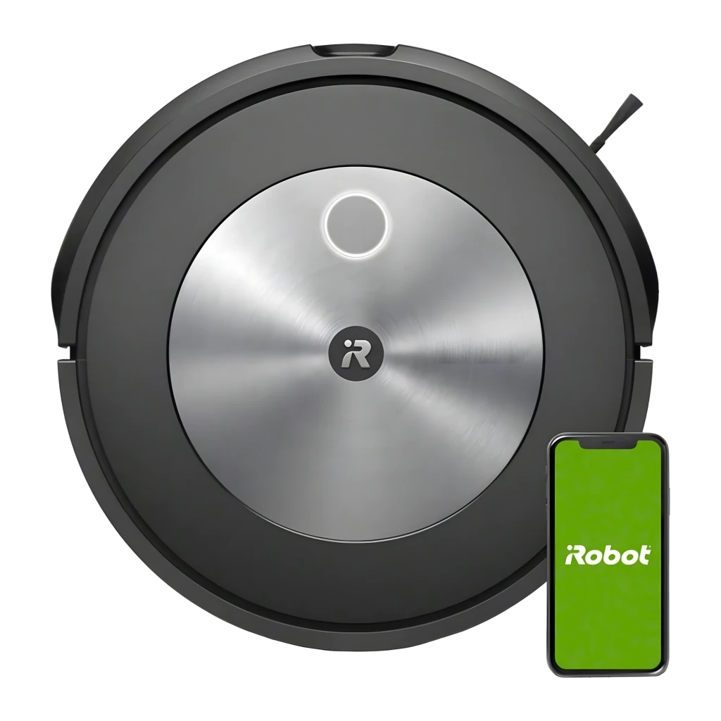 iRobot Roomba Combo J7 grafito, vista superior: tapa de acero inoxidable cepillado con logo iR central y botón - Ítem5