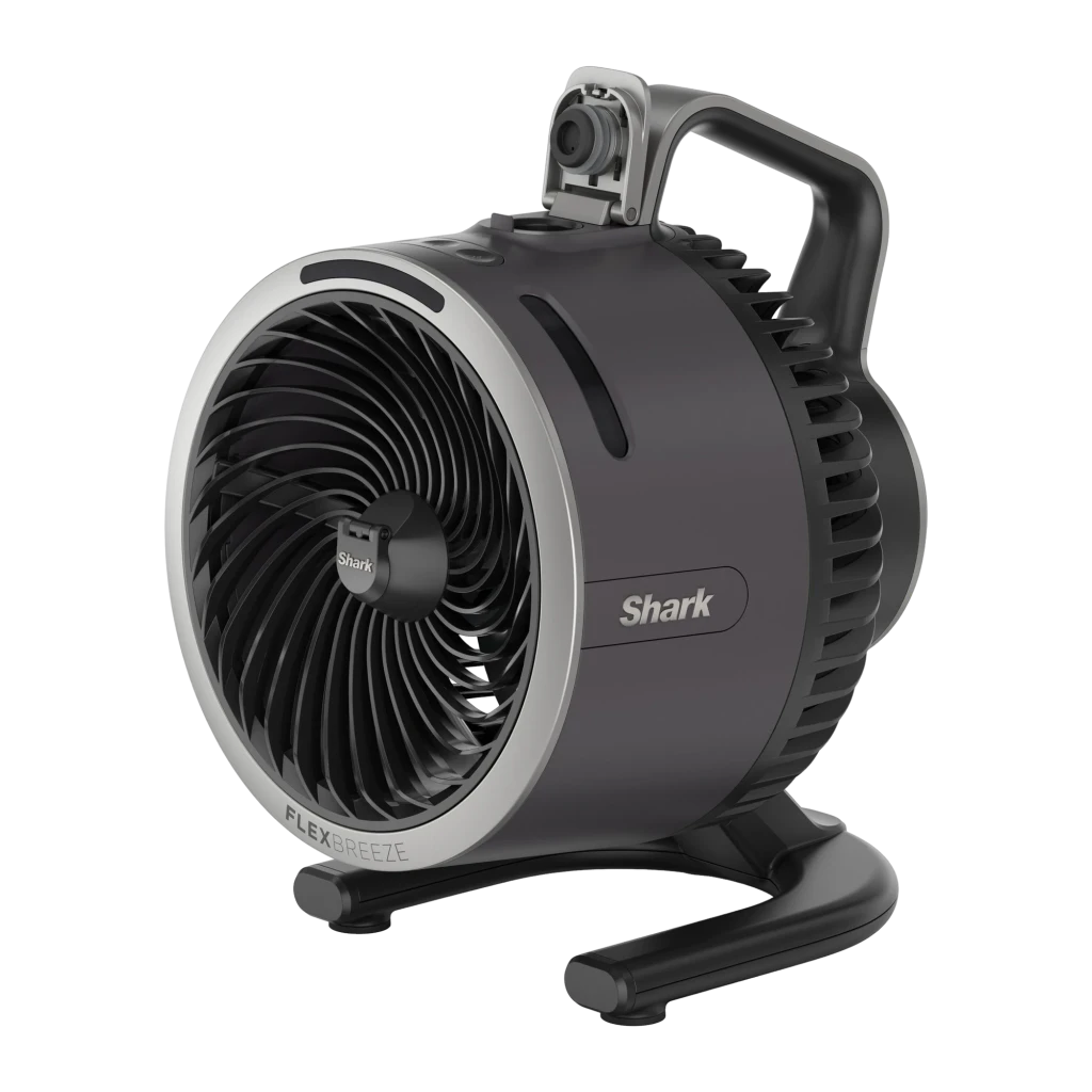 Shark Flex Breeze HydroGo FA050EU preto, vista frontal em ângulo: pá circular, indicadores LED verdes e pega superior - Item1