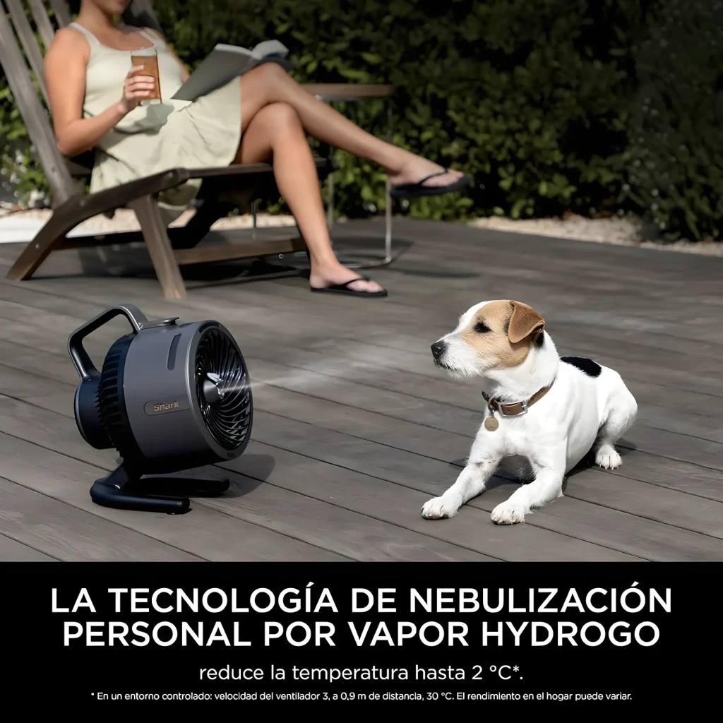 Shark Flex Breeze HydroGo FA050EU preto, vista frontal em ângulo: pá circular, indicadores LED verdes e pega superior - Item6