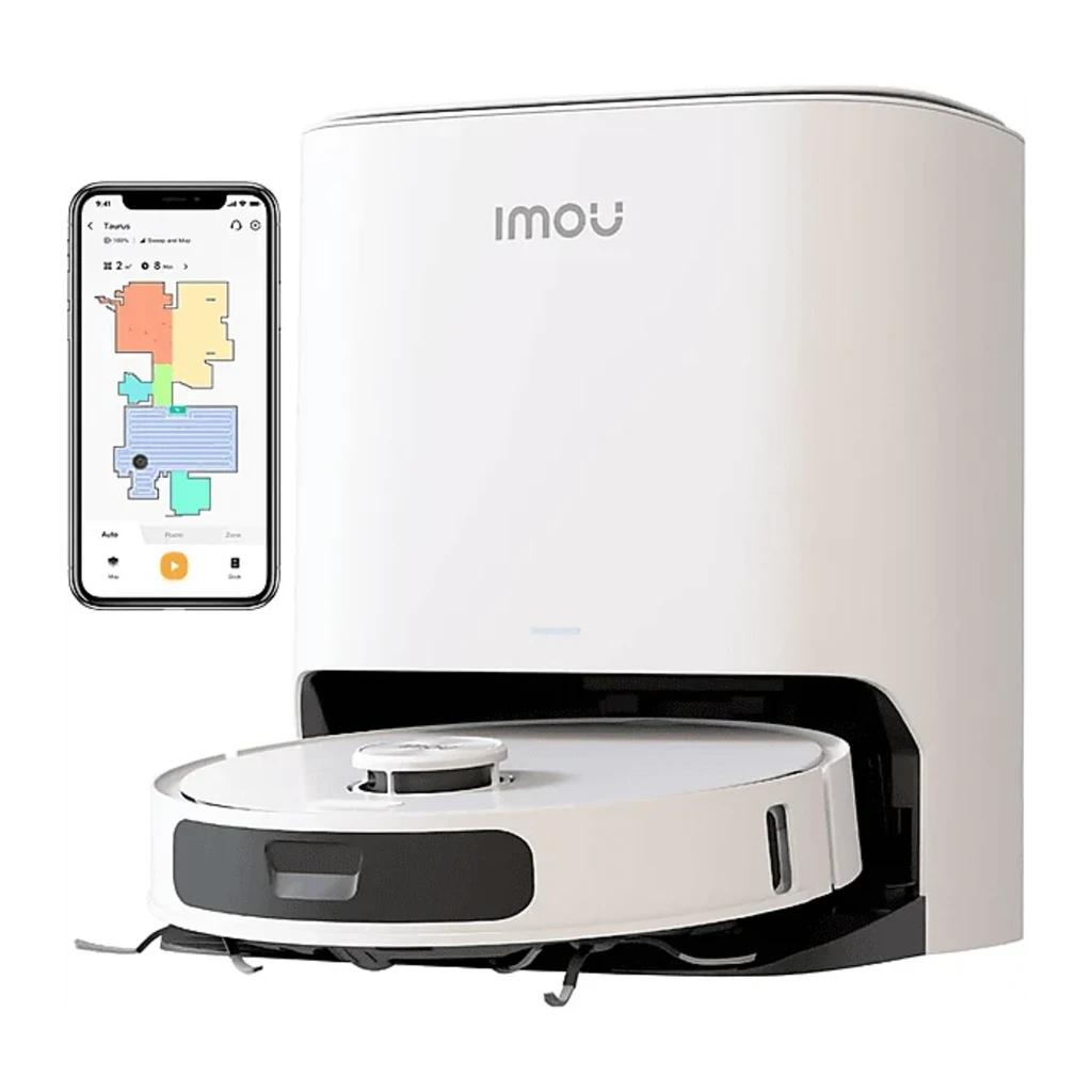 Imou Robô aspirador e esfregão RV3 branco, vista frontal: robô acoplado em base de esvaziamento automático branca com logo - Item3