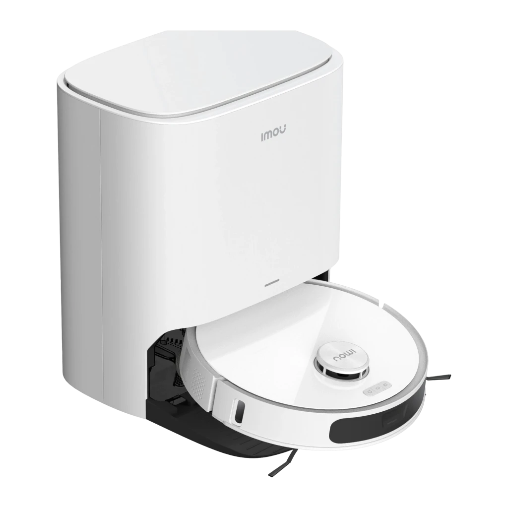 Imou Robô aspirador e esfregão RV3 branco, vista frontal: robô acoplado em base de esvaziamento automático branca com logo - Item1
