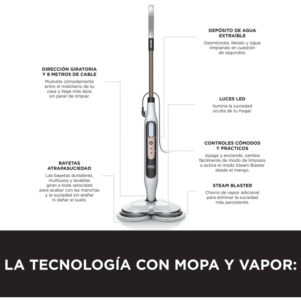 Shark Steam & Scrub S8201EU Mopa vapor branco e cinza, vista lateral: mopa completa com 2 almofadas redondas de substituição - Item1