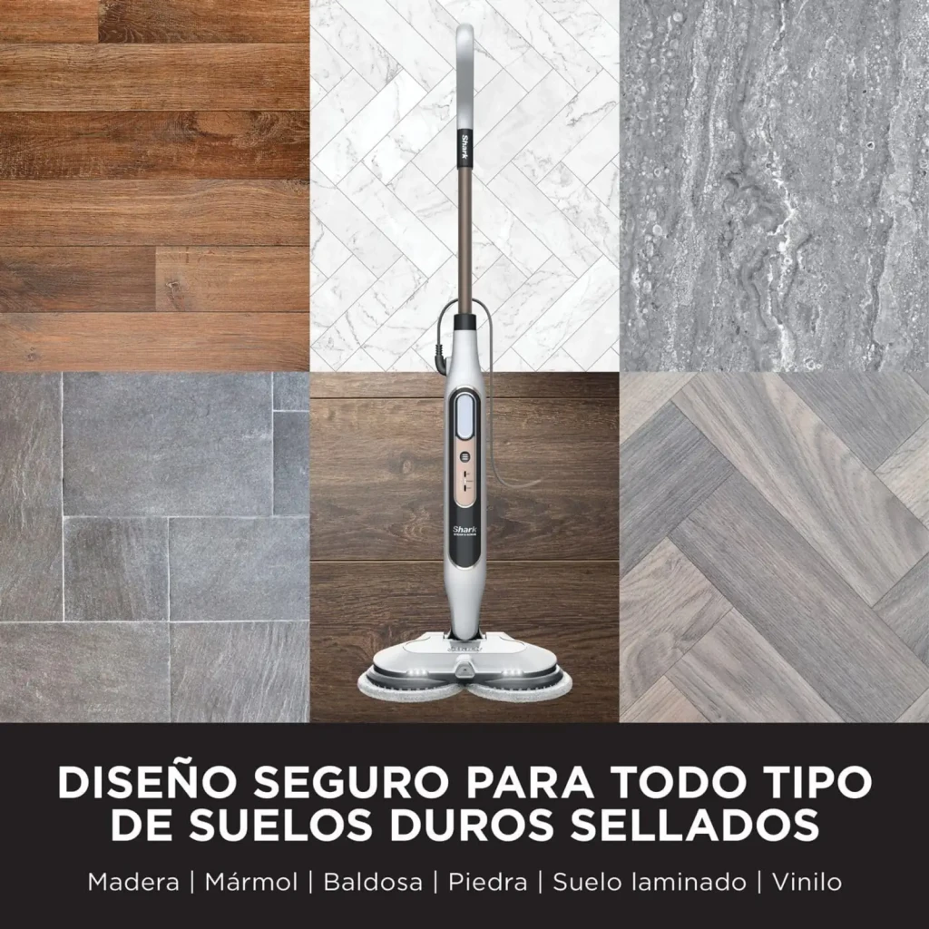 Shark Steam & Scrub S8201EU Mopa vapor branco e cinza, vista lateral: mopa completa com 2 almofadas redondas de substituição - Item7