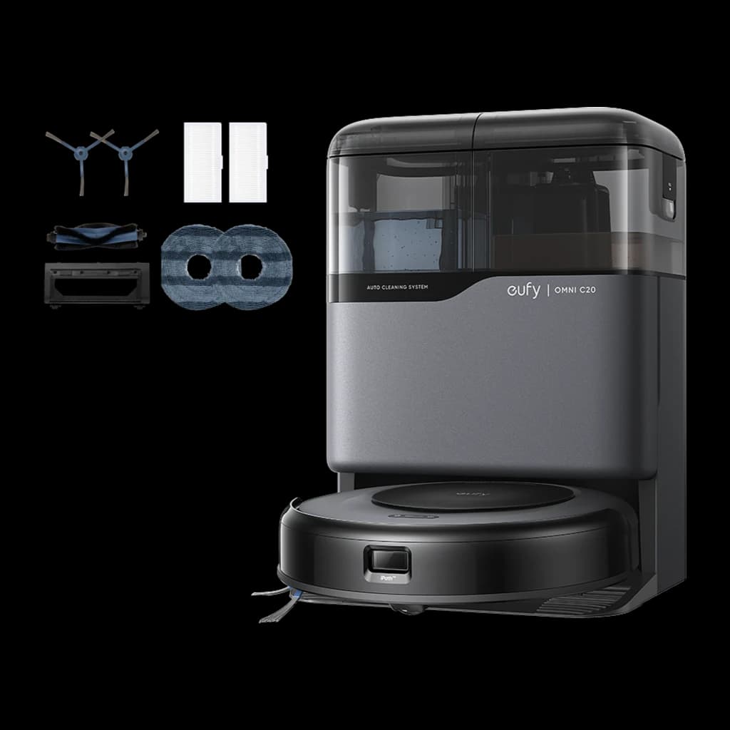 eufy Robot Vacuum Omni C20 noir, kit complet: station avec robot et accessoires inclus: brosses, filtres et serpillières