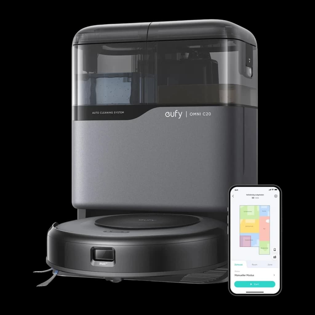 eufy Robot Vacuum Omni C20 noir, vue de face avec app: station, robot et smartphone affichant la carte des pièces