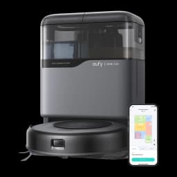 eufy Robot Vacuum Omni C20 noir, vue de face avec app: station, robot et smartphone affichant la carte des pièces