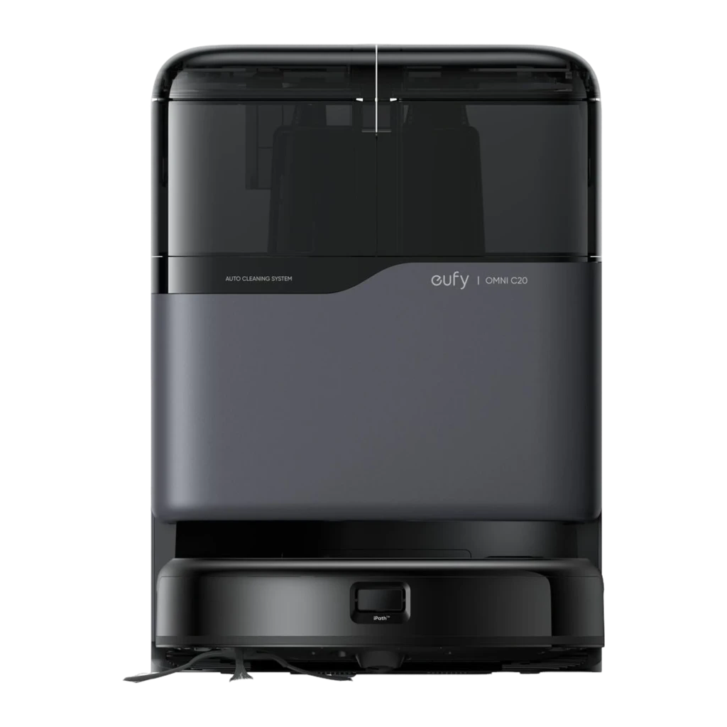 eufy Robot Vacuum Omni C20 preto, vista em ângulo: estação base com depósito azul visível e robô circular na base - Item1