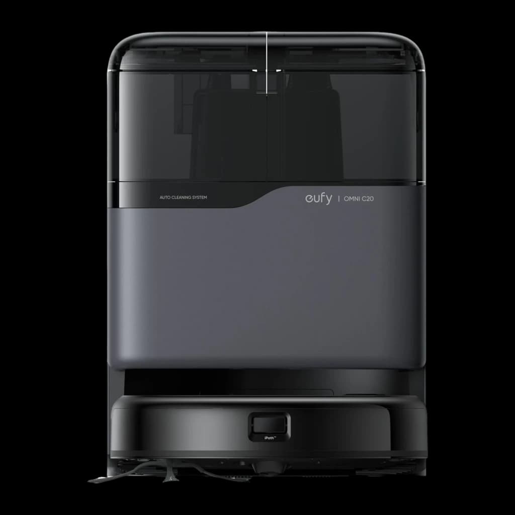 eufy Robot Vacuum Omni C20 noir, vue de face: station de base avec réservoir transparent et robot aspirateur docké