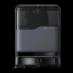 eufy Robot Vacuum Omni C20 noir, vue de face: station de base avec réservoir transparent et robot aspirateur docké