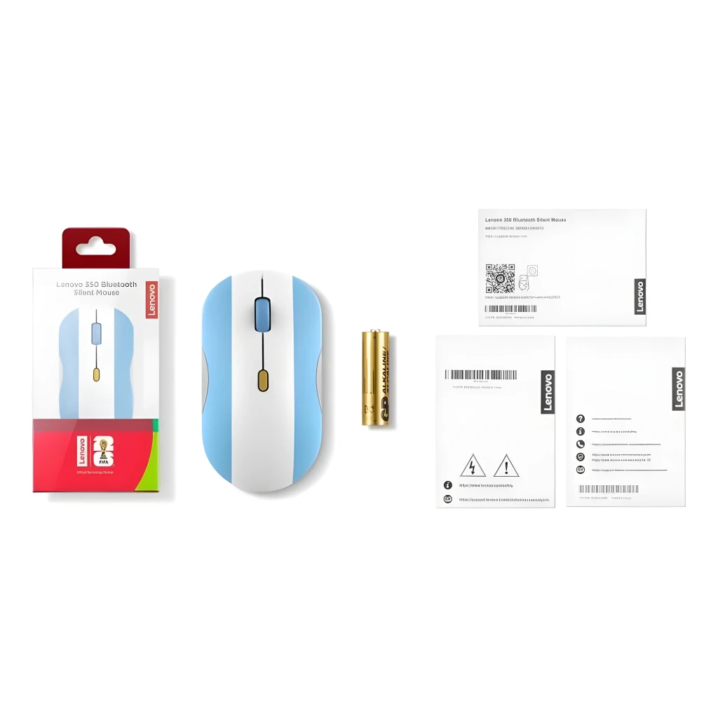 Lenovo 350 Mouse Bluetooth Silencioso Argentina, vista superior: design azul-claro e branco com scroll azul e botão dourado - Item4