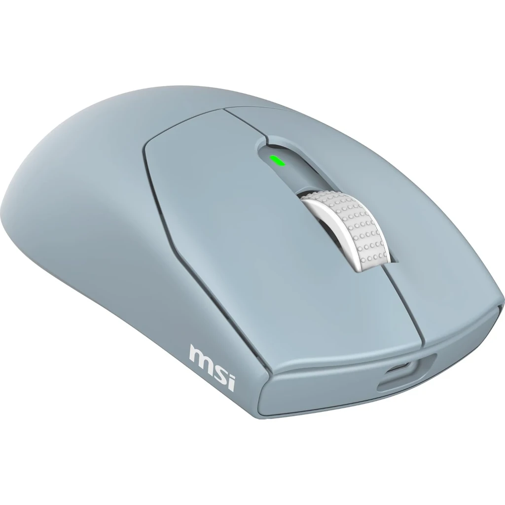 MSI Rato Forge GM340 Wireless Azul claro, vista superior: scroll texturizado, LED verde central e botões laterais visíveis - Item3