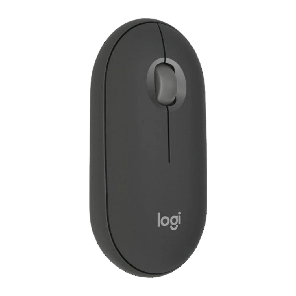 Logitech Pebble Mouse 2 M350s graphite, vue du dessus: design ovale gris foncé avec molette de défilement et logo logi - Ítem1