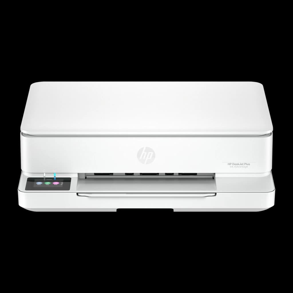 HP Impressora multifunção Envy 6110e branca, vista frontal: tampa plana, painel de controlo com botões coloridos e bandeja