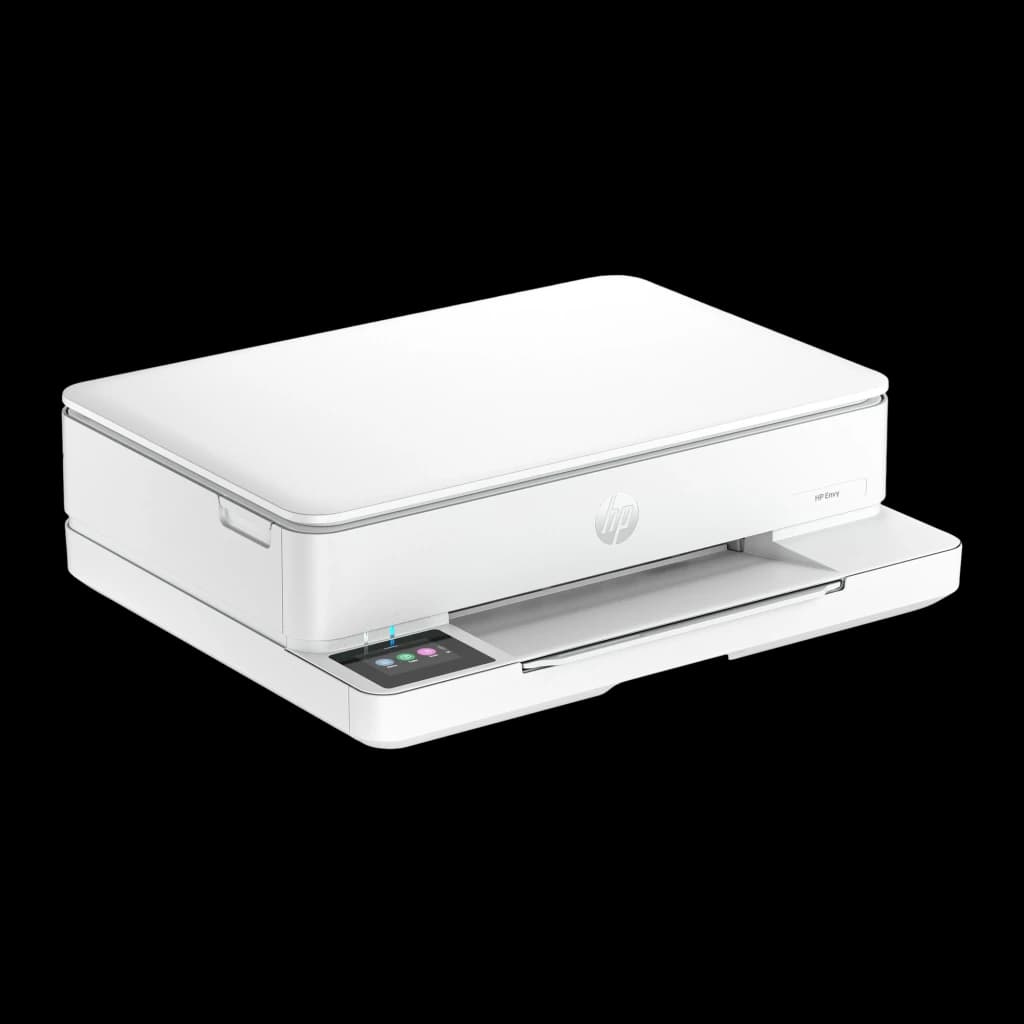 HP Envy 6110e All-in-One branca, vista frontal direita: tampa do scanner, painel tátil com ícones coloridos e bandeja de