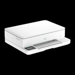HP Envy 6110e All-in-One branca, vista frontal direita: tampa do scanner, painel tátil com ícones coloridos e bandeja de