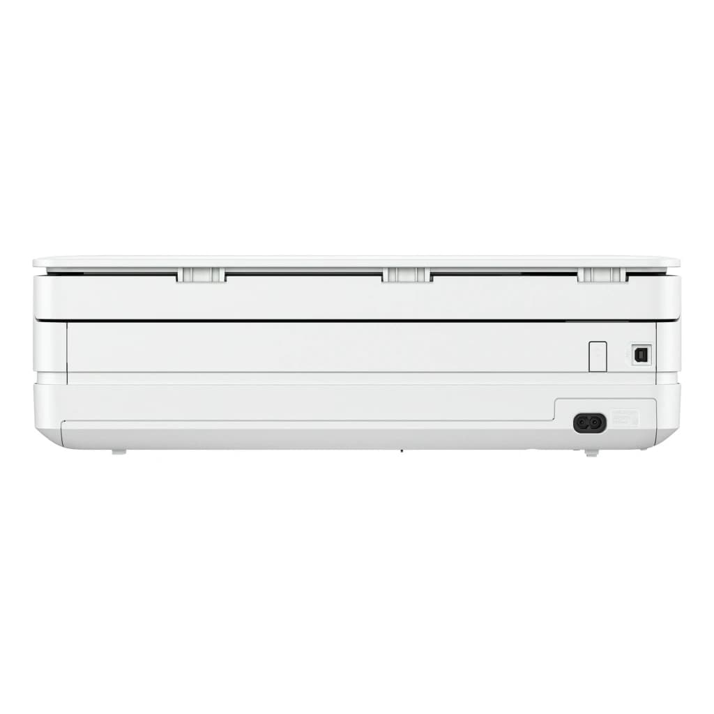 HP Impressora multifunção Envy 6110e branca, vista traseira: portas de conexão e bandeja de papel visíveis