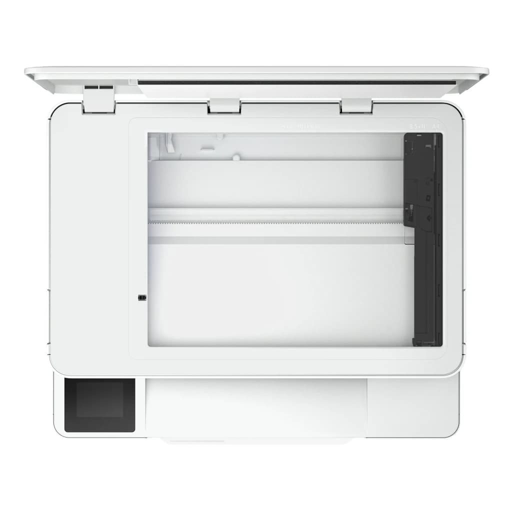 HP Envy 6110e All-in-One branca, vista superior: tampa do scanner aberta mostrando o vidro e painel tátil