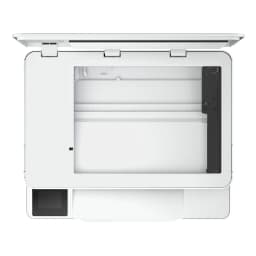 HP Envy 6110e All-in-One branca, vista superior: tampa do scanner aberta mostrando o vidro e painel tátil