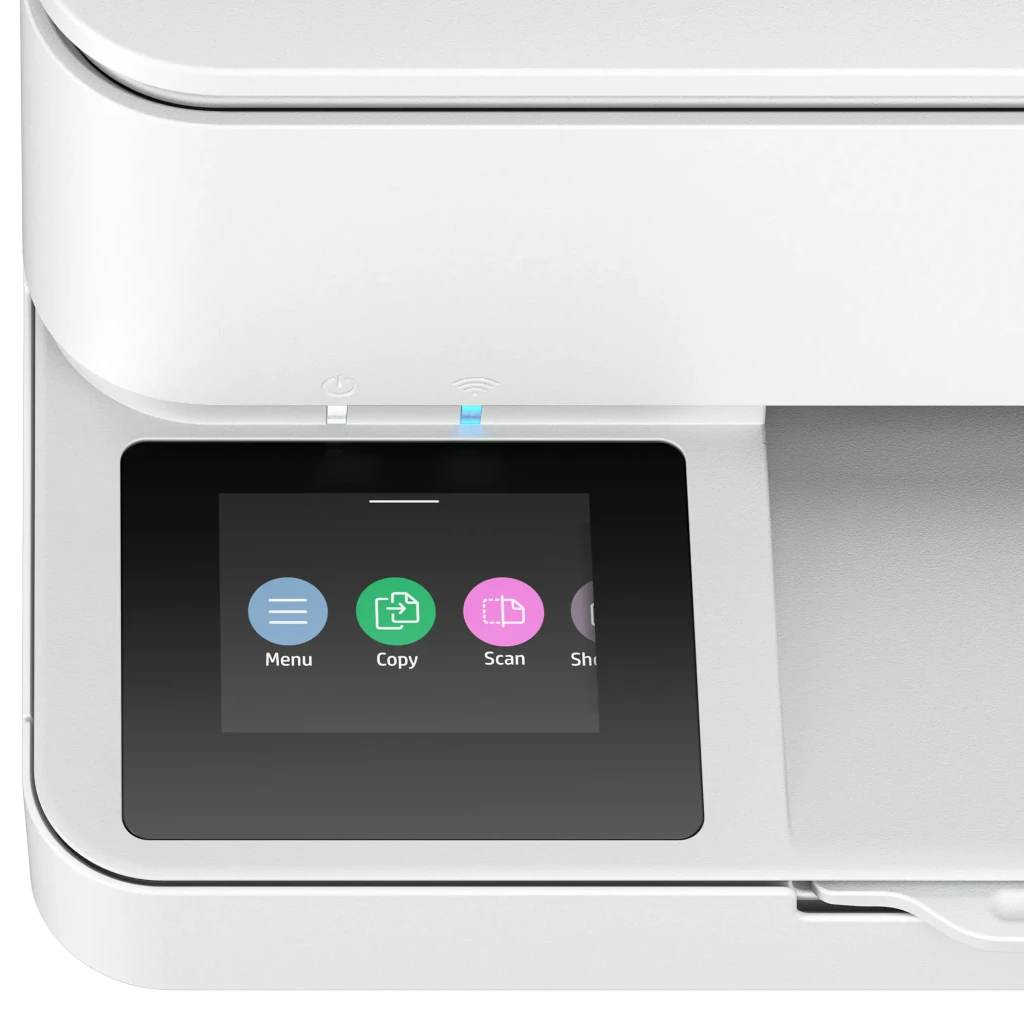 HP Impresora multifunción Envy 6110e blanca, vista frontal: tapa plana, panel de control con botones de colores y bandeja de - Ítem6