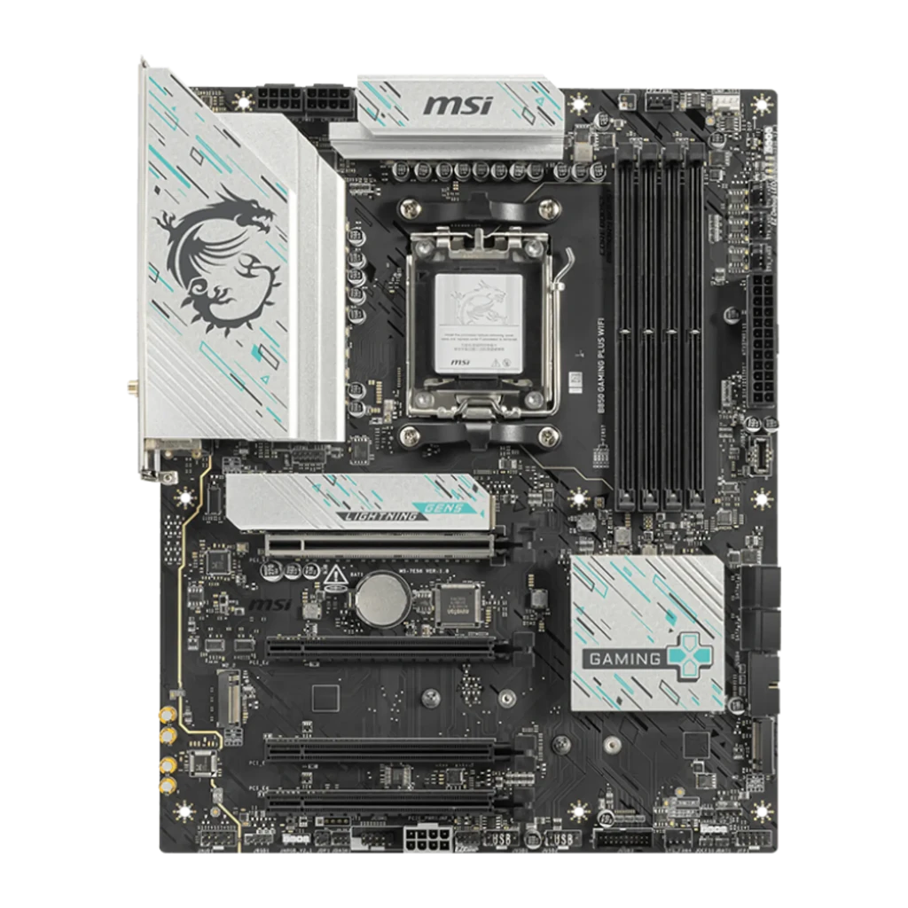 MSI B850 Gaming Plus WiFi Negro, kit con caja: placa base, caja retail con logo B850 y antena WiFi 6E incluida a la izquierda - Ítem1