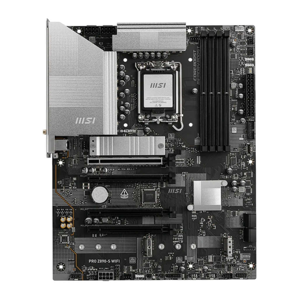 MSI PRO Z890-S WiFi Noir Argent, vue ensemble: carte mère ATX LGA1851 avec boîte et accessoires inclus - Ítem1