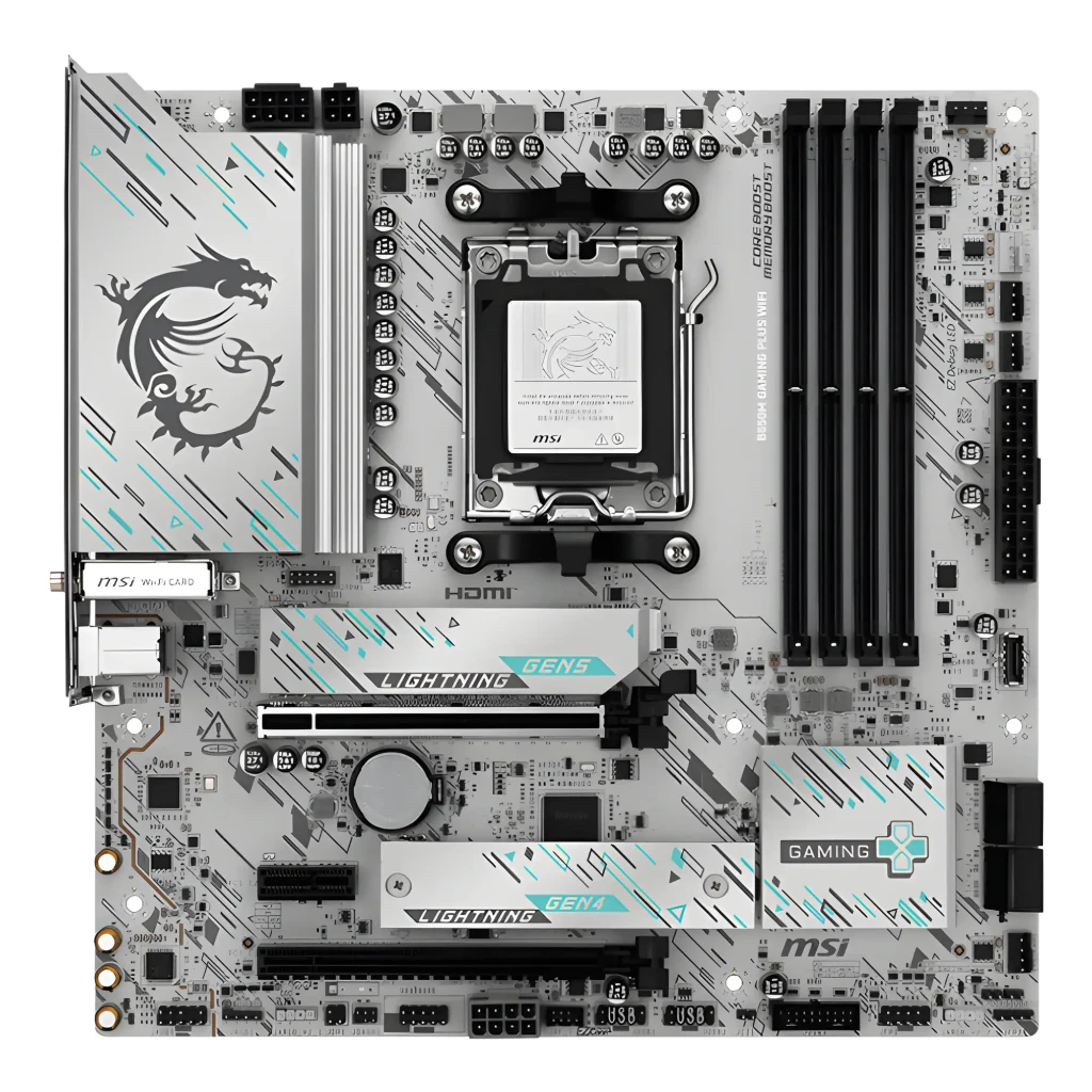 MSI B850M Gaming Plus WiFi noir, contenu boîte: carte mère blanche, boîte retail, antenne WiFi et câble - Ítem1