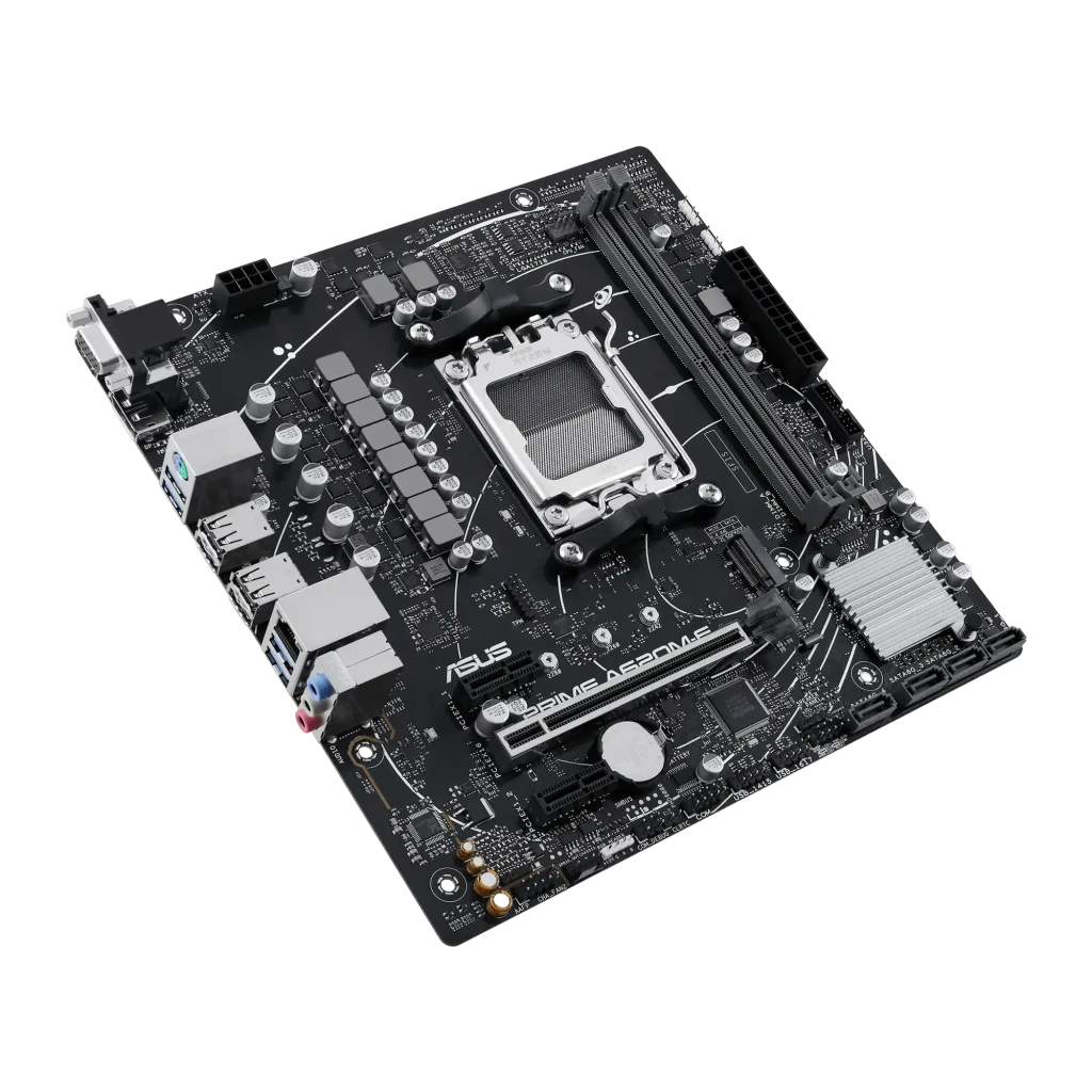 ASUS Prime A620M-E-CSM mATX AM5, placa-mãe e caixa: vista frontal do PCB preto ao lado da embalagem cinza - Item1