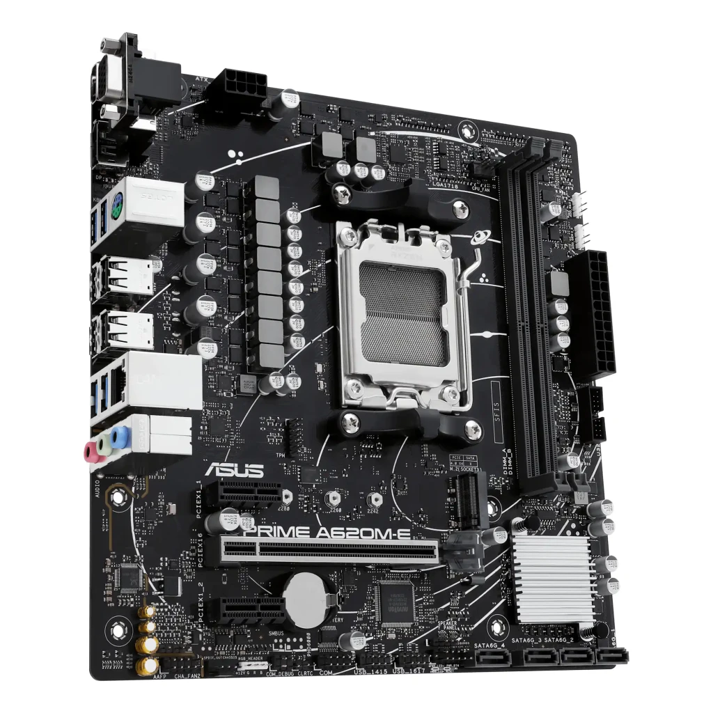 ASUS Prime A620M-E-CSM mATX AM5, placa-mãe e caixa: vista frontal do PCB preto ao lado da embalagem cinza - Item3