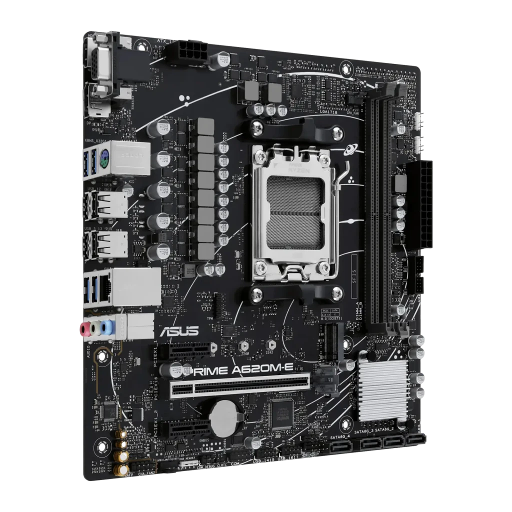 ASUS Prime A620M-E-CSM mATX AM5, placa-mãe e caixa: vista frontal do PCB preto ao lado da embalagem cinza - Item2