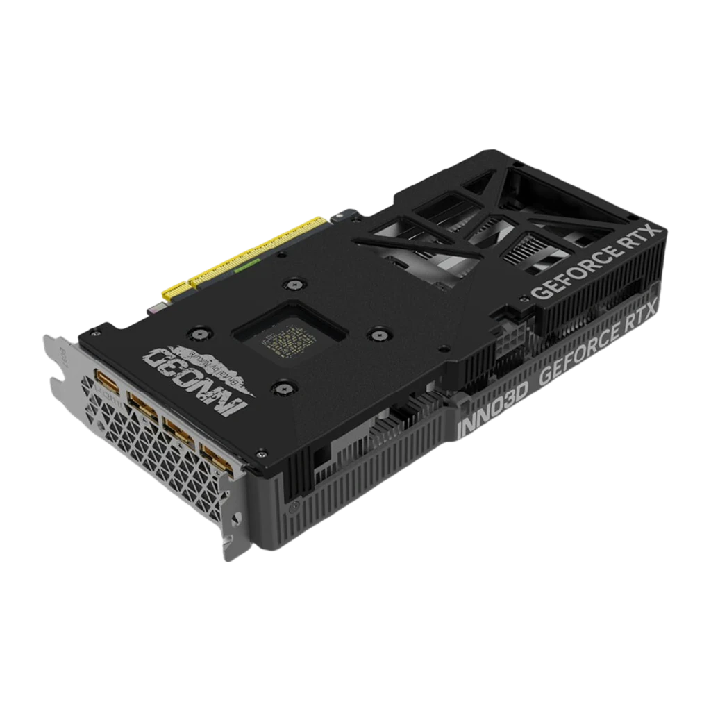 Inno3D GeForce RTX 5060 Twin X2 OC V2, placa com caixa: placa gráfica preta de dois ventiladores ao lado da embalagem - Item2