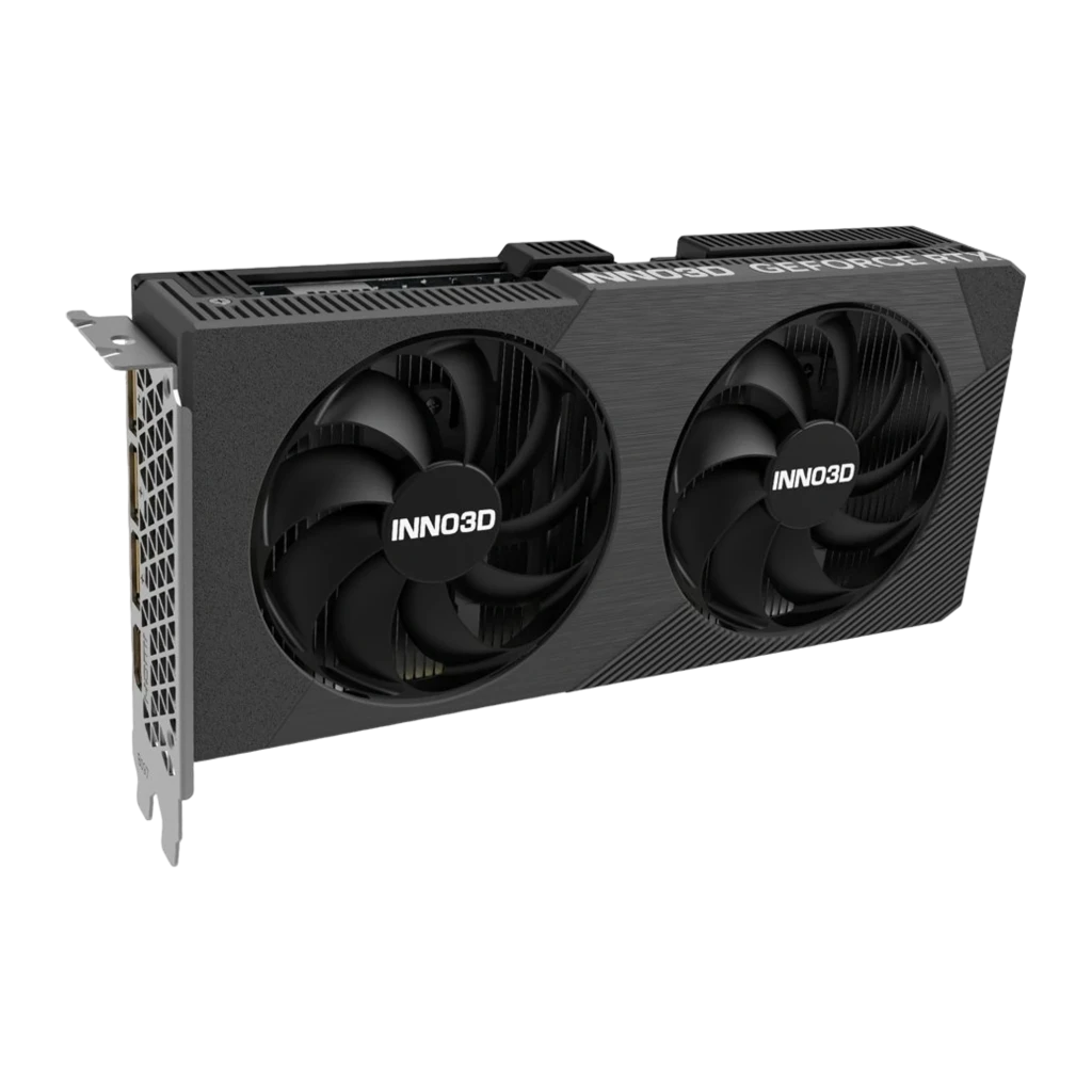 Inno3D GeForce RTX 5060 Twin X2 OC V2, placa com caixa: placa gráfica preta de dois ventiladores ao lado da embalagem - Item1