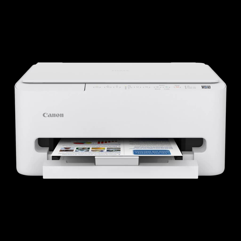 Canon Impresora Multifunción Pixma TS4150i blanca, vista frontal: bandeja de salida abierta con página impresa a color