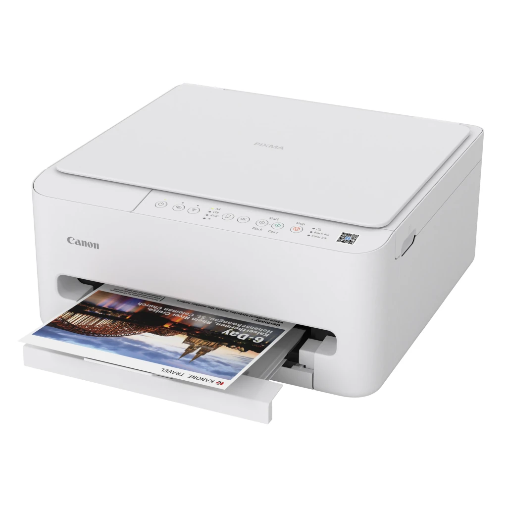 Canon Impresora Multifunción Pixma TS4150i blanca, vista frontal: bandeja de salida abierta con página impresa a color - Ítem1