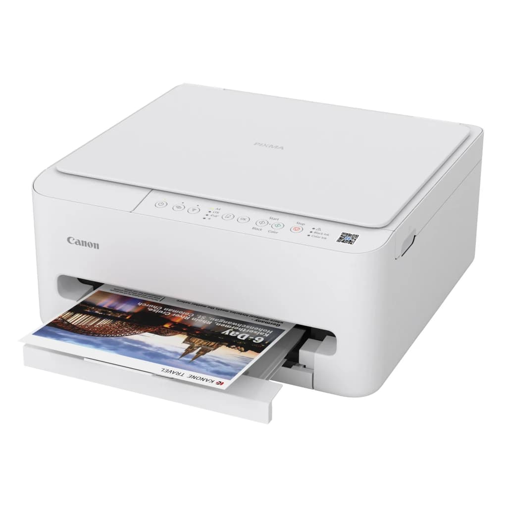 Canon Pixma TS4150i blanco, vista lateral: bandeja abierta con foto a color impresa saliendo