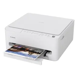 Canon Pixma TS4150i blanco, vista lateral: bandeja abierta con foto a color impresa saliendo