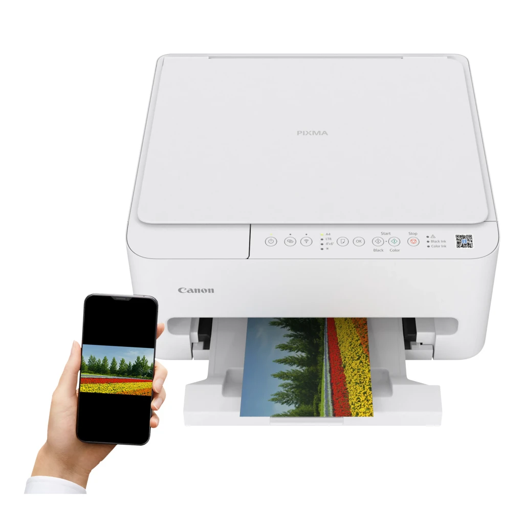 Canon Impresora Multifunción Pixma TS4150i blanca, vista frontal: bandeja de salida abierta con página impresa a color - Ítem4