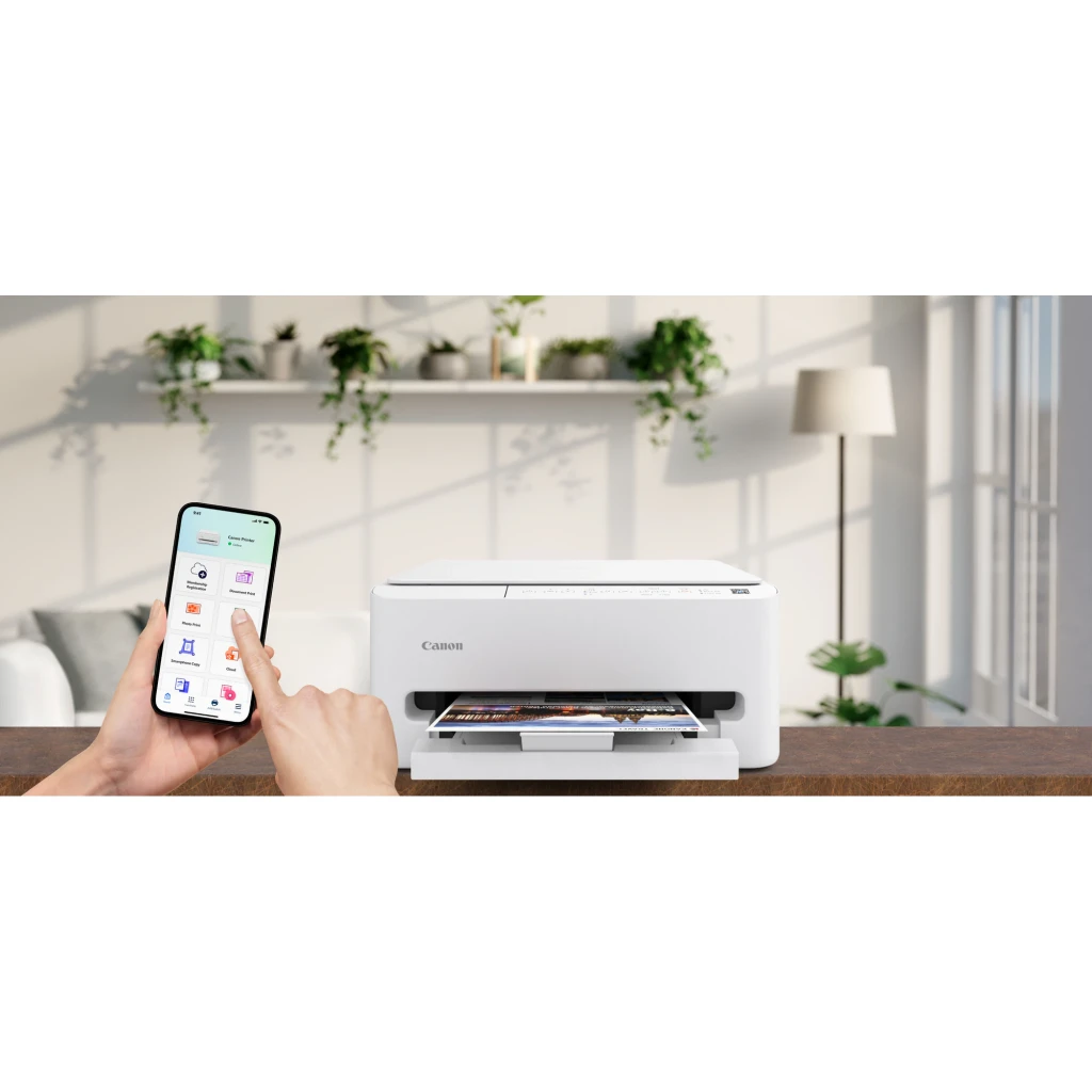 Canon Impresora Multifunción Pixma TS4150i blanca, vista frontal: bandeja de salida abierta con página impresa a color - Ítem5