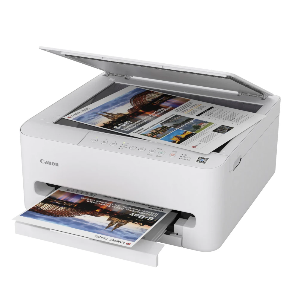 Canon Impresora Multifunción Pixma TS4150i blanca, vista frontal: bandeja de salida abierta con página impresa a color - Ítem2