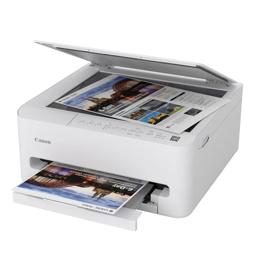 Canon Pixma TS4150i Blanco, vista en perspectiva: tapa escáner abierta con documento y papel impreso saliendo por la bandeja